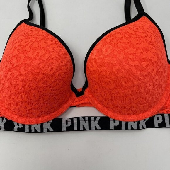 Victorias Secret PINK Push Up Bra Size 32D Neon Orange Leopard Logo - Picture 3 of 9